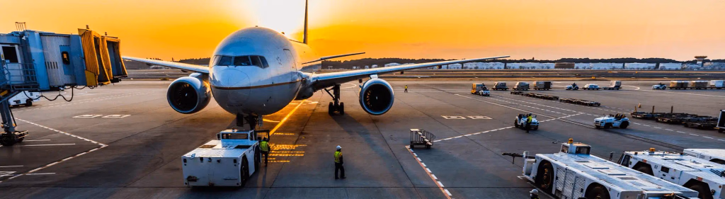 Airliner at a gate on the airport apron at sunset