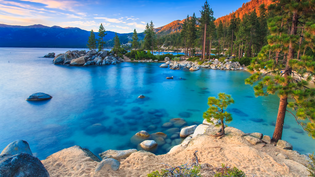 Clear turquoise water and granite boulders on the Lake Tahoe shore